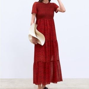 Zara Red Floral Smocked Maxi Dress